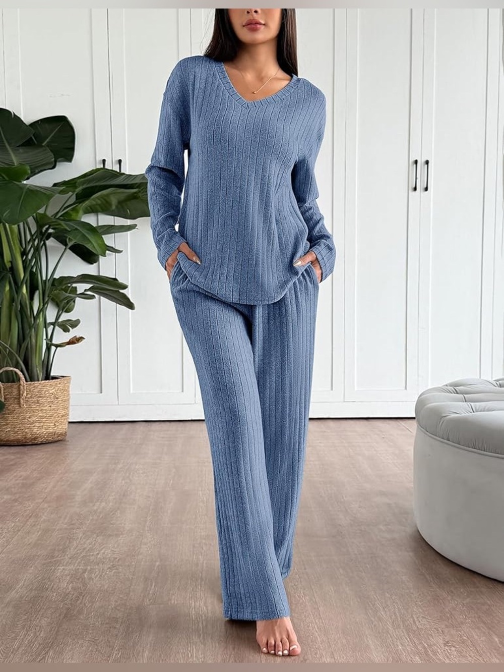 Ekouaer Lounge Set for Women Long Sleeve Knit Ribbed Pajama Sets 2 Piece Medium